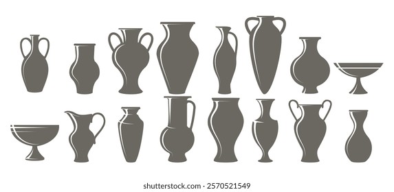 Monochrome greek vases icons. Ceramic vases silhouette set isolated vector illustration