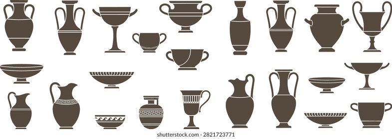 Monochrome Greek Vases Vector Collection  Ancient Ceramic Pottery set.