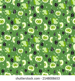 Monochrome green apples seamless pattern vector illustration