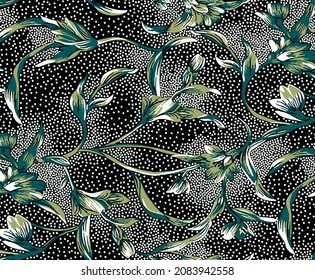 monochrome green flowers with black background arrangement illustration design vector digital image for textile print clothes and T-shirt