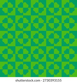 Trébol de cuatro hojas verde monocromo en fondo a cuadros Ilustración vectorial de patrón sin fisuras