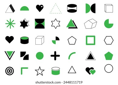 Iconos geométricos monocromos y verdes. Conjunto de Formas simples. Diseño en blanco y negro. Ilustración vectorial.