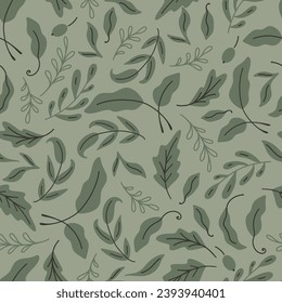Monochrome Green Leaves Vector Seamless Pattern