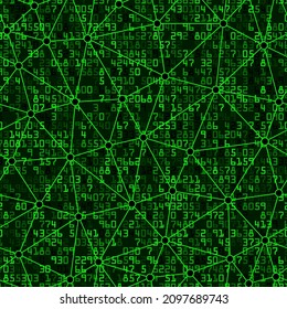 Monochrome Green Mathematical Numbers with Linear Triangular Shapes on a Black. Big Data Seamless Pattern Background. Calculation and Equation Vector illustration
