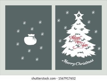 Monochrome green New Year, Christmas card, with a red inscription. Christmas tree with snowflakes, vector decorative illustration.