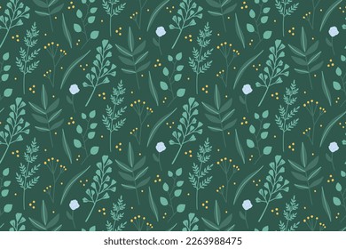 Monochrome green pattern with fern, shepherd s purse, tansy and clover, yellow and blue flowers