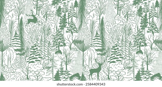 Monochrome green seamless background mixed forest and deer. pattern botanical illustration. hand drawing. Not AI Vector illustration.