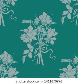 Monochrome green seamless pattern with a flower bouquet for your wallpaper, fabric, wrapping paper, packaging. Vector illustration