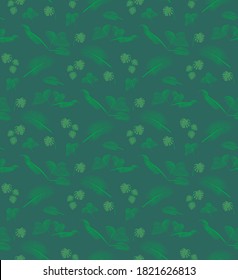 monochrome, in green tones, seamless pattern in flat, tropical, exotic style, with leaves, palm trees, ferns, monstera with veins, on a green background, for wallpapers, textiles, covers, prints