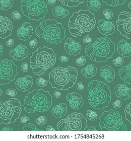 monochrome green and turquoise seamless pattern the contours of seashells on an emerald background