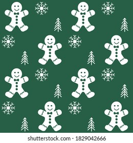 Monochrome green and white christmas pattern. Gingerbreadman, snowflake and christmas tree.