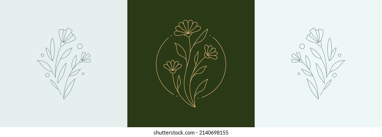 Monochrome greeting card with chamomile and daffodil flower decorative design elements set vector illustration. Line art simple wedding postcard or beauty spa salon logo romantic botanical decor