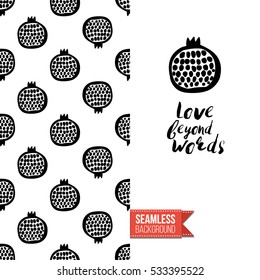 Monochrome greeting card. Seamless pattern background with tribal style elements on one side. On another inscription: love beyond words. Vector template.