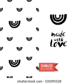 Monochrome greeting card. Seamless pattern background with tribal style elements on one side. On another inscription: made with love. Vector template.