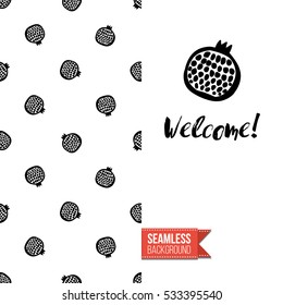 Monochrome greeting card. Seamless pattern background with tribal style elements on one side. On another inscription: welcome. Vector template.