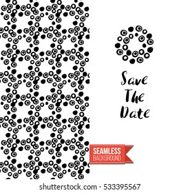 Monochrome greeting card. Seamless pattern background with tribal style elements on one side. On another inscription: save the date. Vector template.