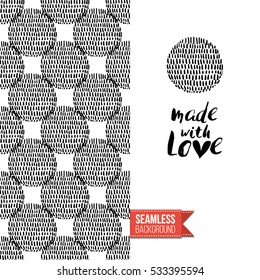 Monochrome greeting card. Seamless pattern background with tribal style elements on one side. On another inscription: made with love. Vector template.