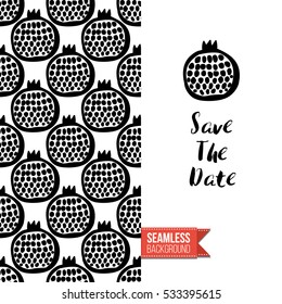 Monochrome greeting card. Seamless pattern background with tribal style elements on one side. On another inscription: save the date. Vector template.