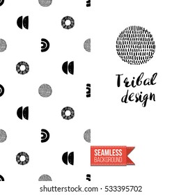 Monochrome greeting card. Seamless pattern background with tribal style elements on one side. On another inscription: tribal design. Vector template.