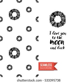 Monochrome greeting card. Seamless pattern background with tribal style elements on one side. On another inscription: i love you to the moon and back. Vector template.