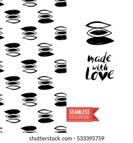 Monochrome greeting card. Seamless pattern background with tribal style elements on one side. On another inscription: made with love. Vector template.