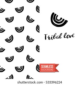 Monochrome greeting card. Seamless pattern background with tribal style elements on one side. On another inscription: tribal love. Vector template.