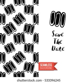 Monochrome greeting card. Seamless pattern background with tribal style elements on one side. On another inscription: save the date. Vector template.