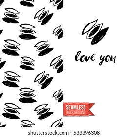 Monochrome greeting card. Seamless pattern background with tribal style elements on one side. On another inscription: love you. Vector template.