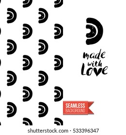 Monochrome greeting card. Seamless pattern background with tribal style elements on one side. On another inscription: made with love. Vector template.
