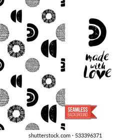 Monochrome greeting card. Seamless pattern background with tribal style elements on one side. On another inscription: made with love. Vector template.