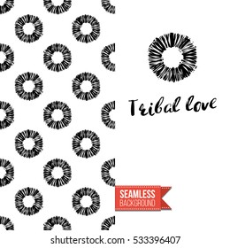 Monochrome greeting card. Seamless pattern background with tribal style elements on one side. On another inscription: tribal love. Vector template.