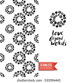 Monochrome greeting card. Seamless pattern background with tribal style elements on one side. On another inscription: love beyond words. Vector template.