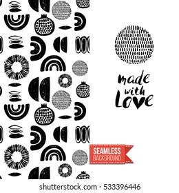 Monochrome greeting card. Seamless pattern background with tribal style elements on one side. On another inscription: made with love. Vector template.