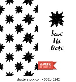 Monochrome greeting card. Seamless pattern background with romantic signs on one side. On another inscription: save the date. Vector template.