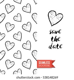 Monochrome greeting card. Seamless pattern background with romantic signs on one side. On another inscription: save the date. Vector template.
