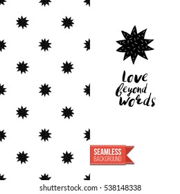 Monochrome greeting card. Seamless pattern background with romantic signs on one side. On another inscription: love beyond words. Vector template.