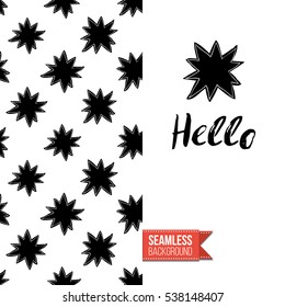 Monochrome greeting card. Seamless pattern background with romantic signs on one side. On another inscription: hello. Vector template.
