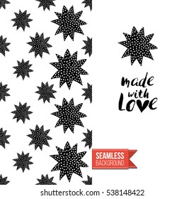 Monochrome greeting card. Seamless pattern background with romantic signs on one side. On another inscription: made with love. Vector template.