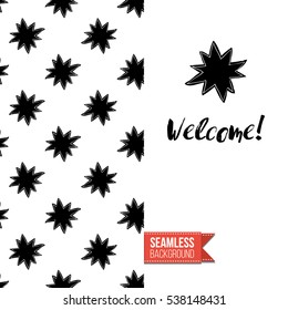 Monochrome greeting card. Seamless pattern background with romantic signs on one side. On another inscription: welcome. Vector template.