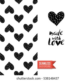 Monochrome greeting card. Seamless pattern background with romantic signs on one side. On another inscription: made with love. Vector template.