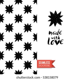 Monochrome greeting card. Seamless pattern background with romantic signs on one side. On another inscription: made with love. Vector template.