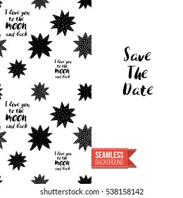 Monochrome greeting card. Seamless pattern background with romantic signs on one side. On another inscription: save the date. Vector template.