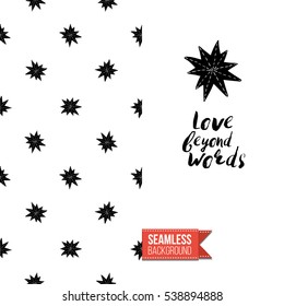 Monochrome greeting card. Seamless pattern background with romantic signs on one side. On another inscription: love beyond words. Vector template.