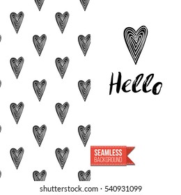 Monochrome greeting card. Seamless pattern background with romantic signs on one side. On another inscription: hello. Vector template.