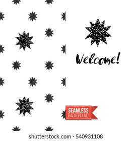 Monochrome greeting card. Seamless pattern background with romantic signs on one side. On another inscription: welcome. Vector template.