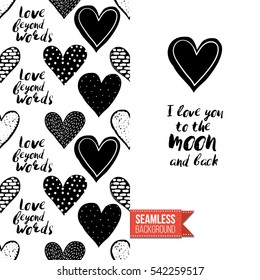 Monochrome greeting card. Seamless pattern background with romantic signs on one side. On another inscription: i love you to the moon and back. Vector template.
