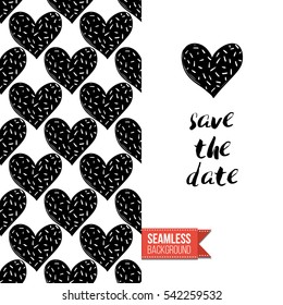 Monochrome greeting card. Seamless pattern background with romantic signs on one side. On another inscription: save the date. Vector template.