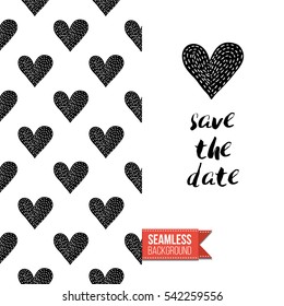 Monochrome greeting card. Seamless pattern background with romantic signs on one side. On another inscription: save the date. Vector template.