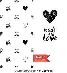 Monochrome greeting card. Seamless pattern background with romantic signs on one side. On another inscription: made with love. Vector template.