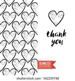 Monochrome greeting card. Seamless pattern background with romantic signs on one side. On another inscription: thank you. Vector template.